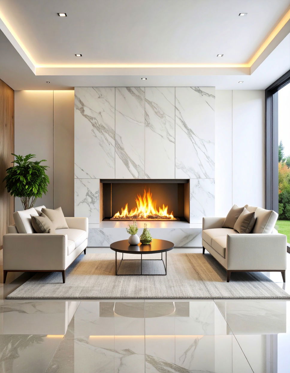 Recessed Firebox with Marble Surround