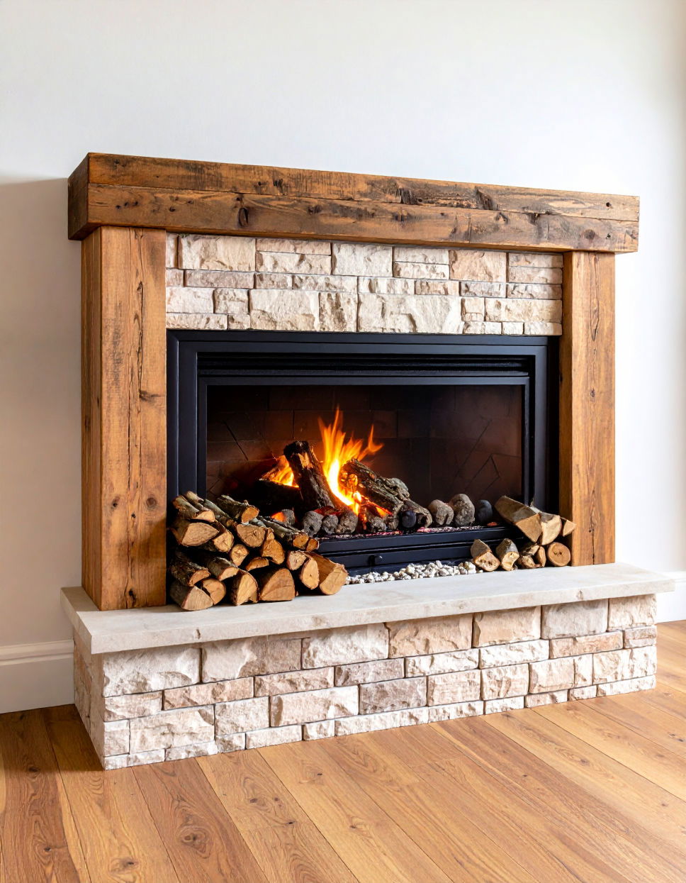 Reclaimed Wood Mantel with Faux Logs