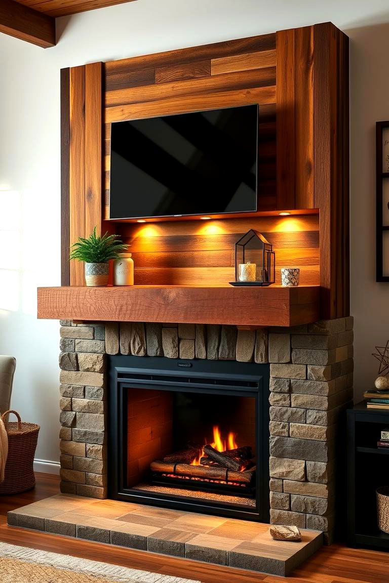 Reclaimed Wood Shelf with Integrated Lighting - 25 Fireplace Lighting Ideas