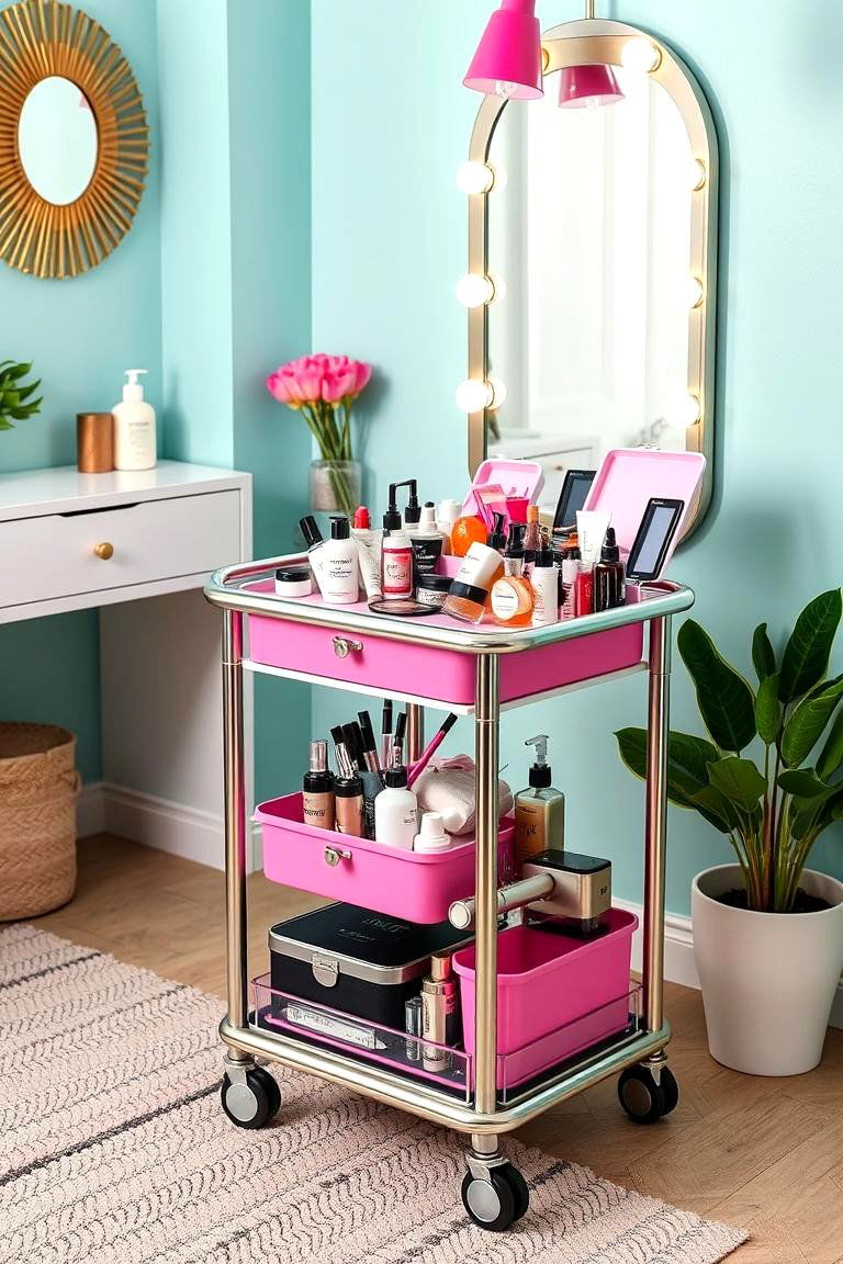 Rolling Cart for Portable Product Access - 25 Makeup Room Ideas