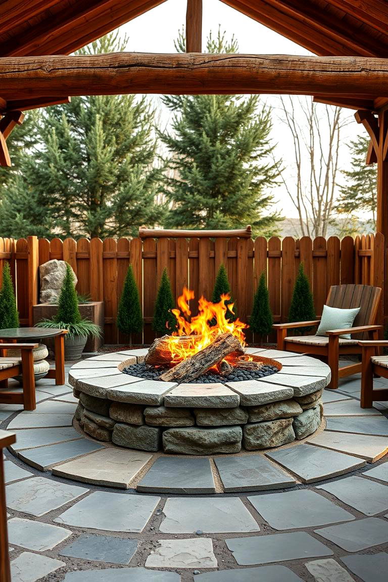 Round Flagstone Fire Pit with Wooden Accent - 25 Flagstone Fire Pit Ideas