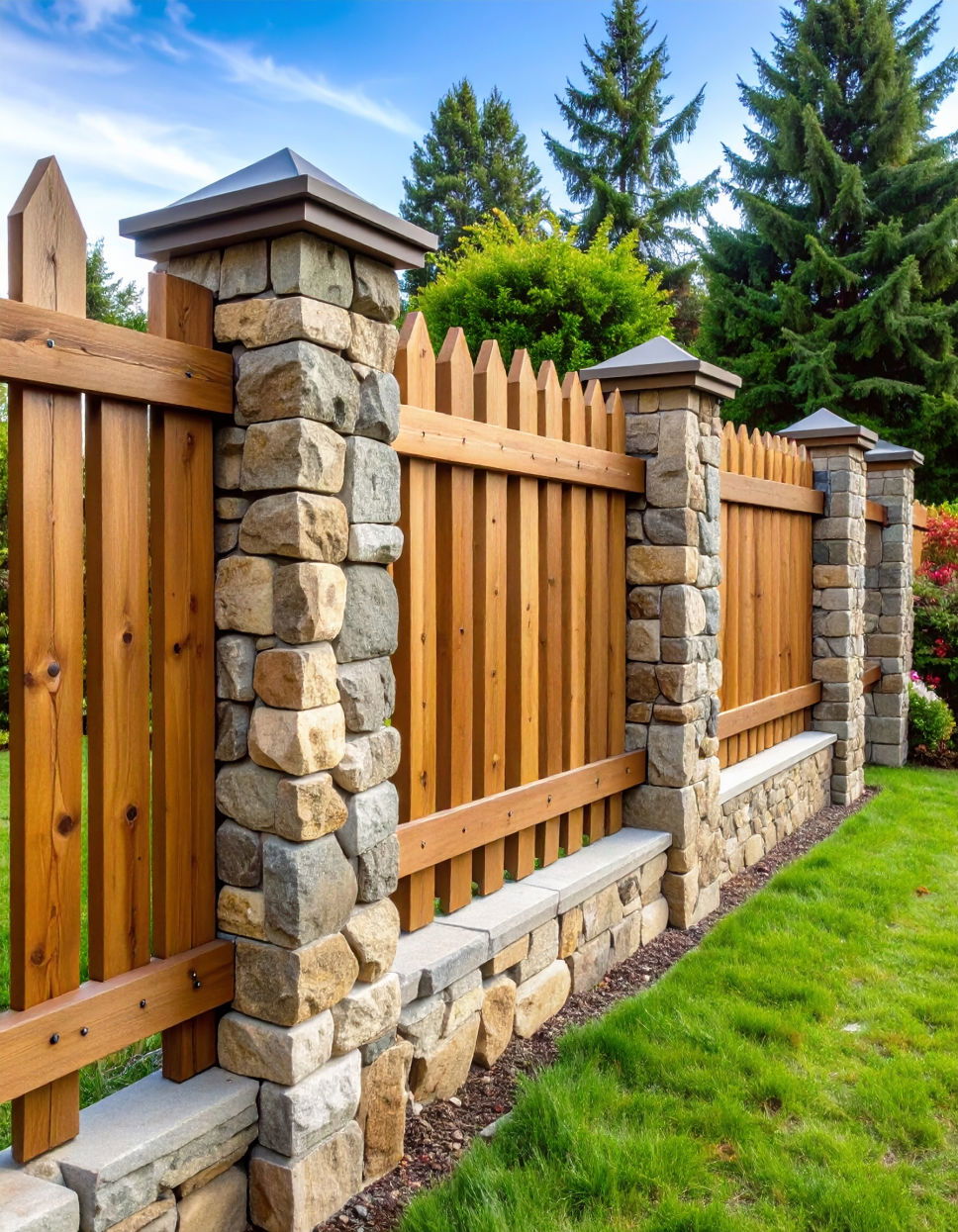 Rustic Cedar Fence with Stone Pillars