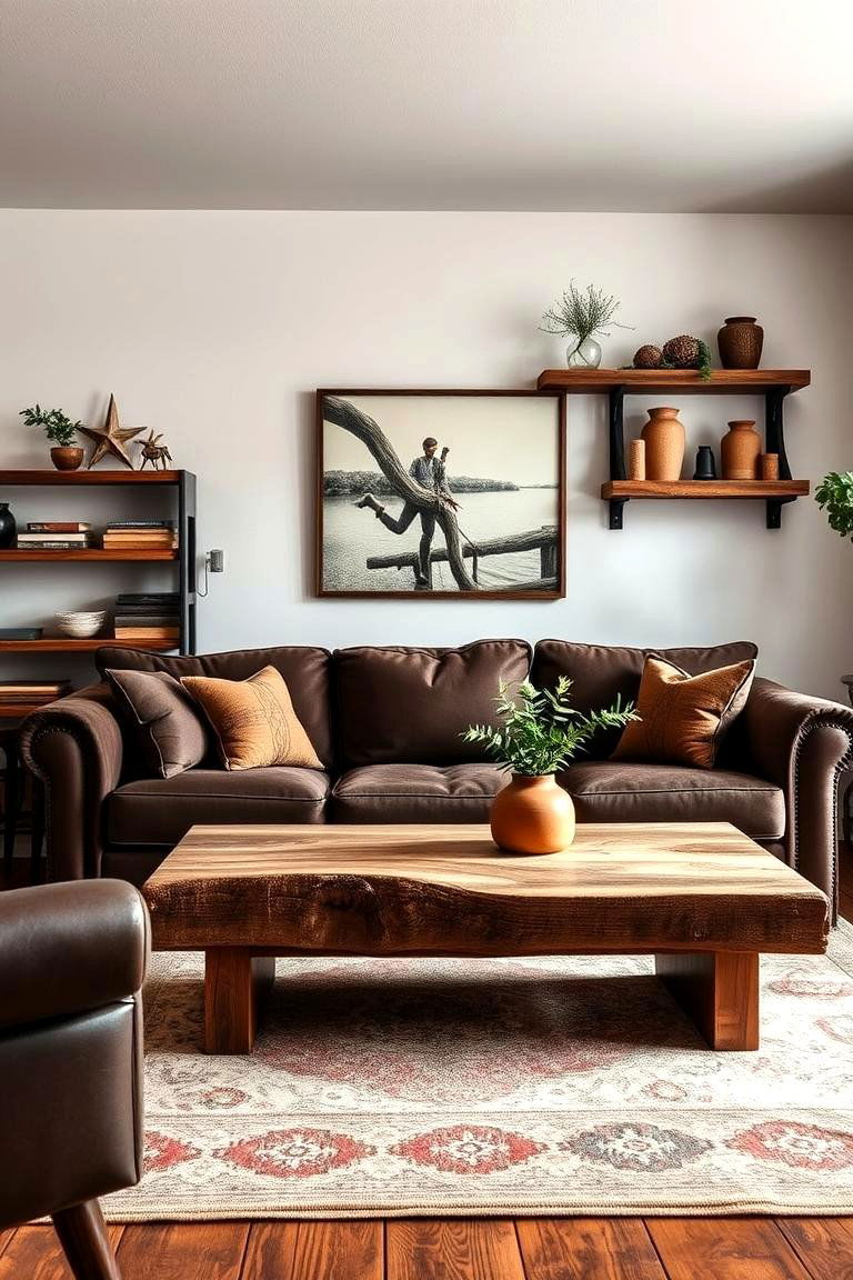 Rustic Charm with Wooden Accents - 25 Dark Brown Couch Living Room Ideas