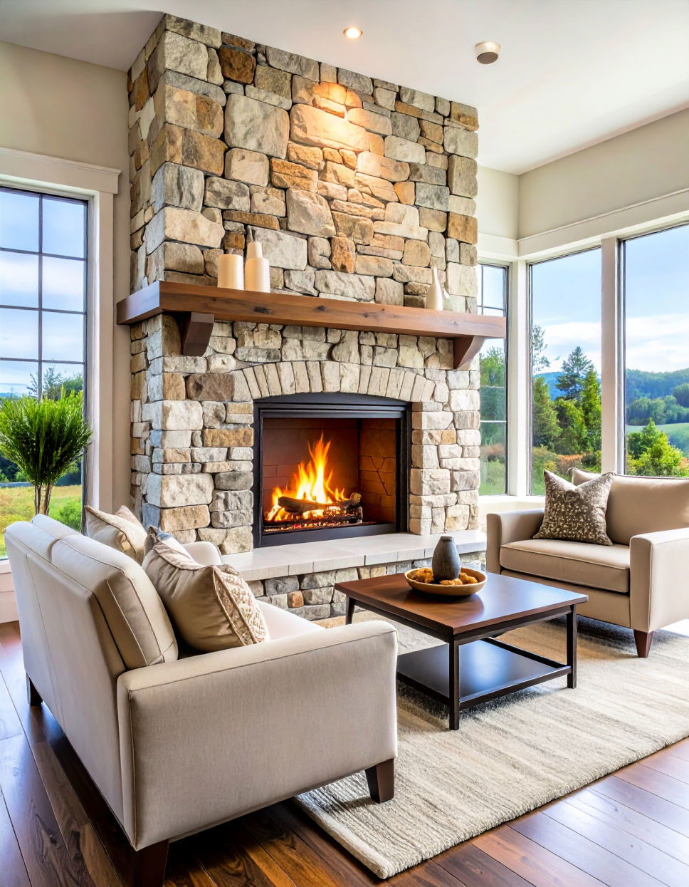 Rustic Fieldstone floor to ceiling Fireplace
