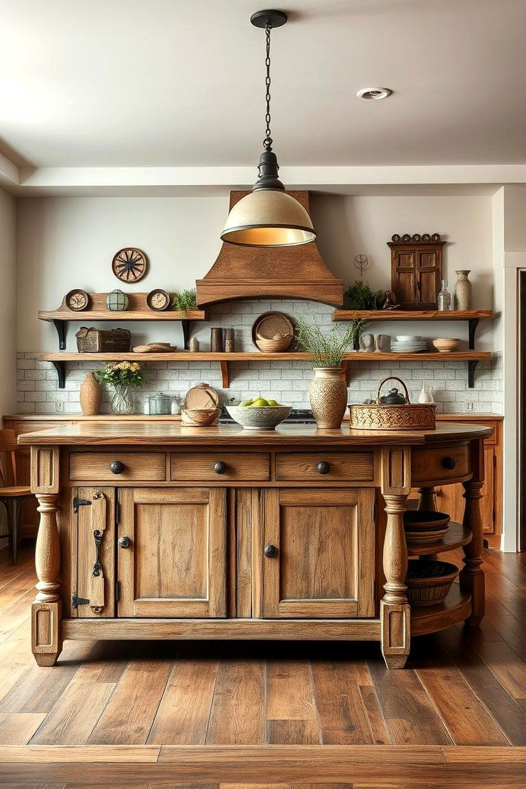Rustic Island with an Antique Finish - 25 Farmhouse Kitchen Island Ideas