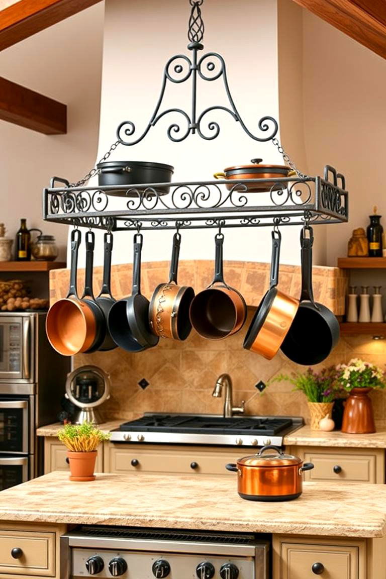 Rustic Pot Racks for Storage - 25 Tuscan Kitchen Design Ideas