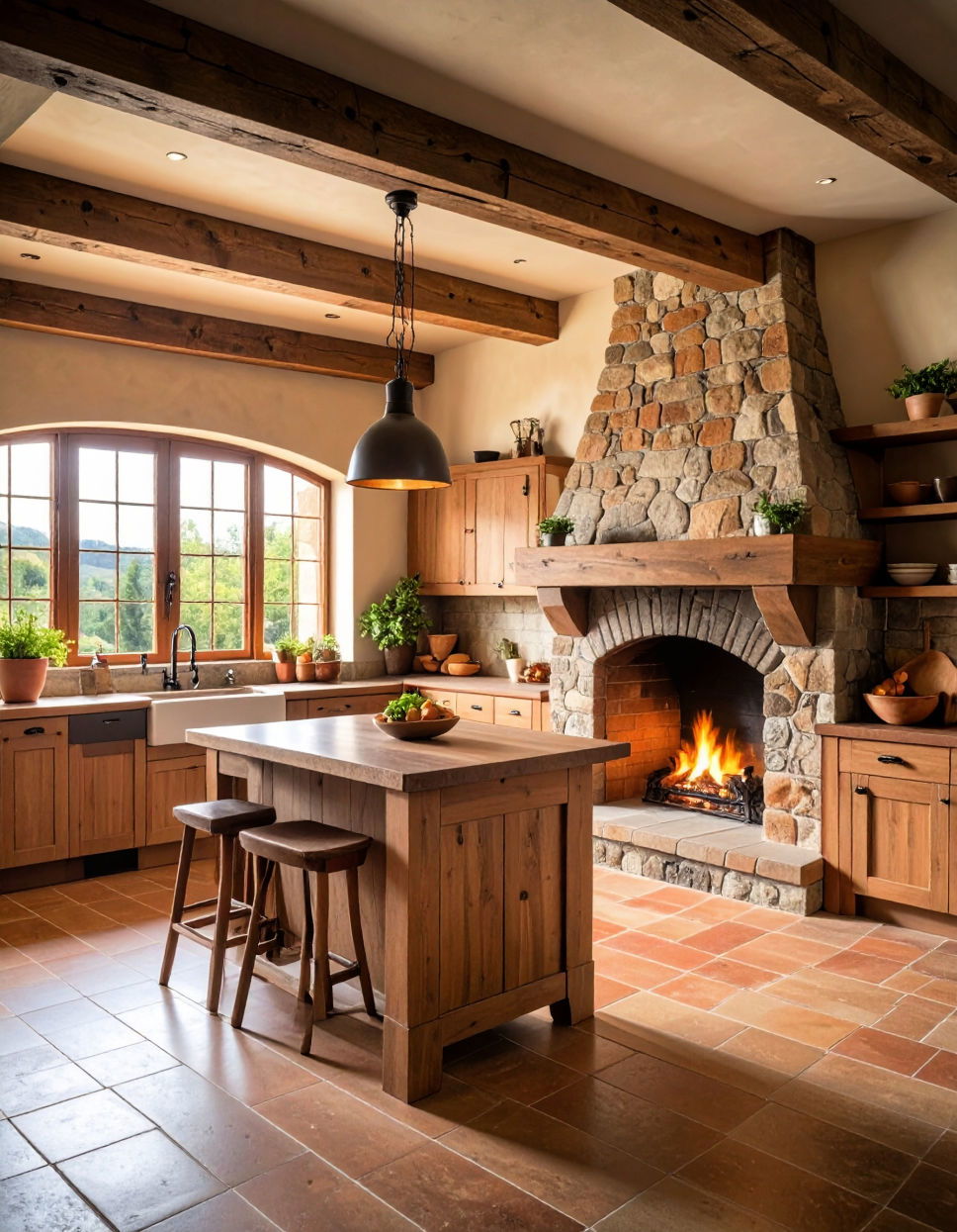 Rustic Stone Fireplace for Warmth Tuscan Kitchen Design Ideas