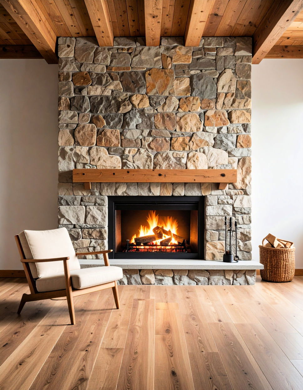Rustic Stone Fireplace with Wood Accent