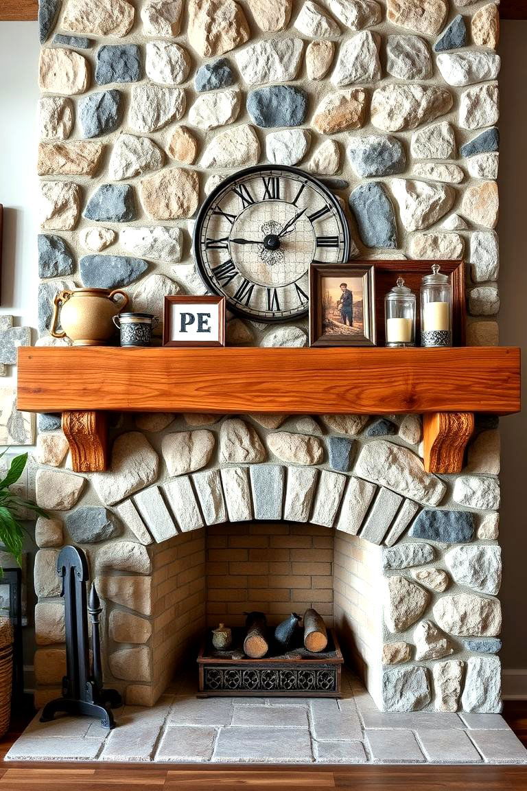 Rustic Stone Fireplace with a Reclaimed Wood Mantel - 25 Floor-to-Ceiling Stone Fireplace Ideas