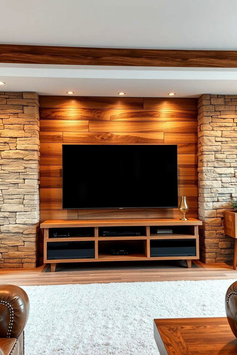 Rustic Wood and Stone Combination - 25 Tv Wall Ideas