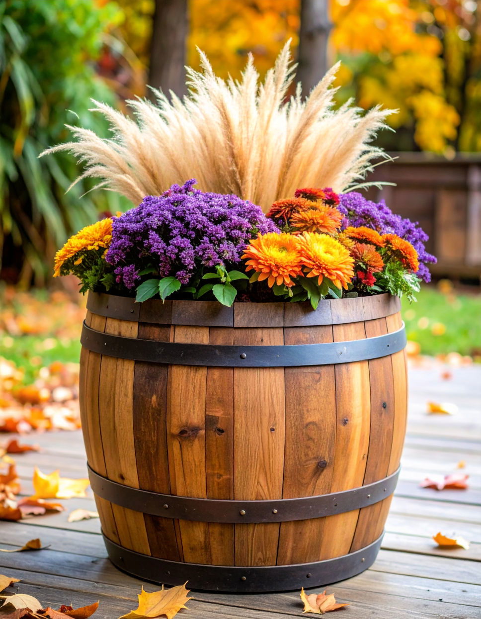 Rustic Wooden Barrel Planter