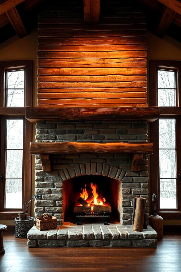 Rustic Wooden Beam Fireplace - 25 Fireplace Between Windows Ideas