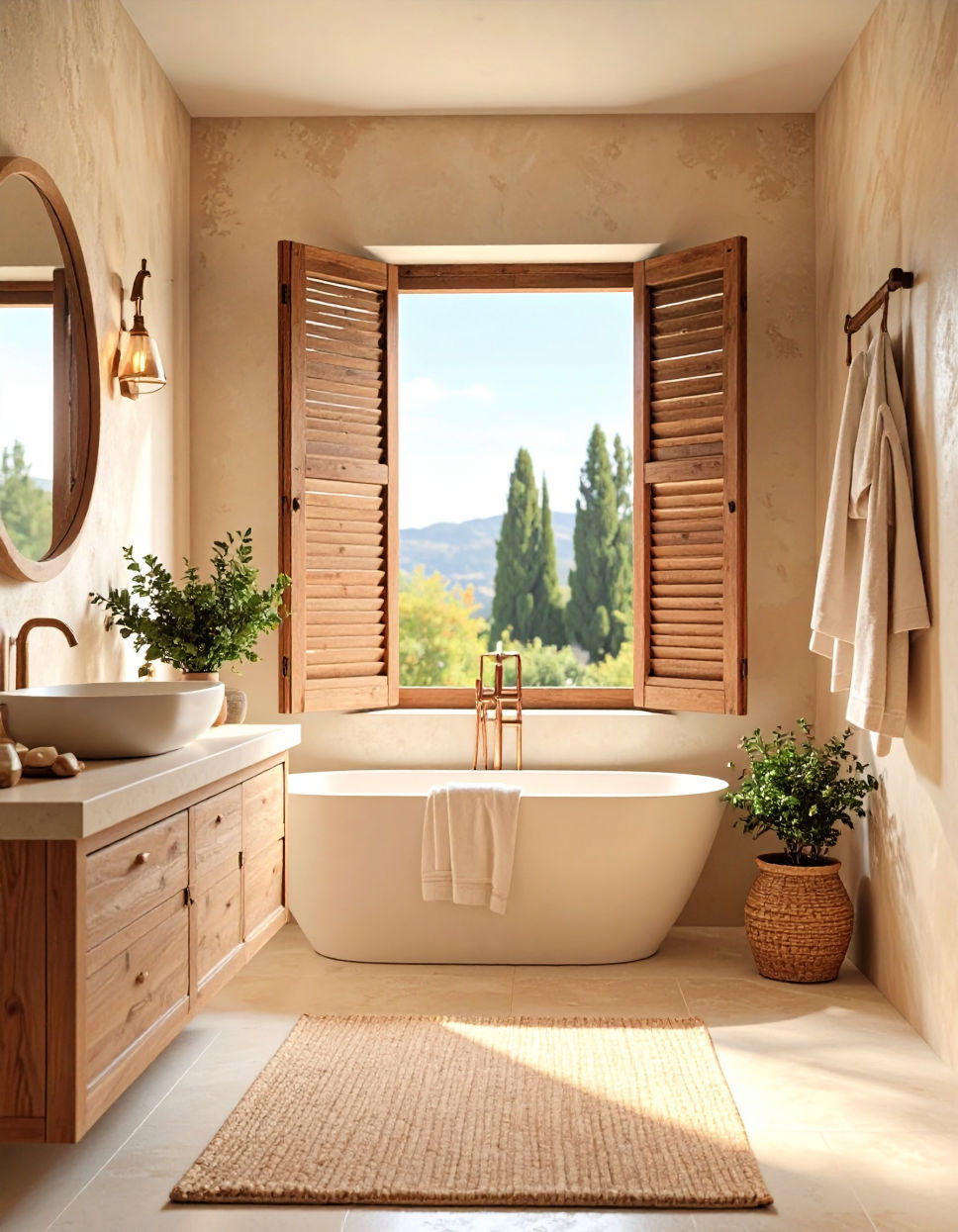 Rustic Wooden Shutters for Window Treatment Tuscan Bathroom Ideas