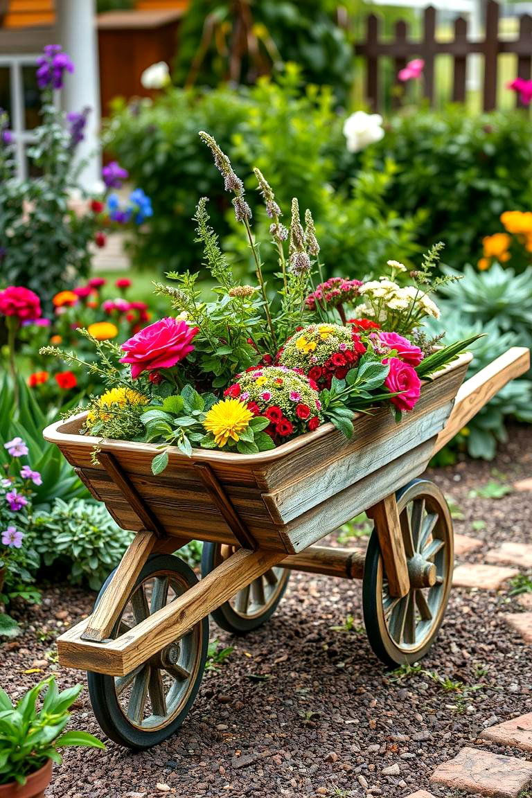 Rustic Wooden Wheelbarrow - 25 Garden Centerpiece Ideas
