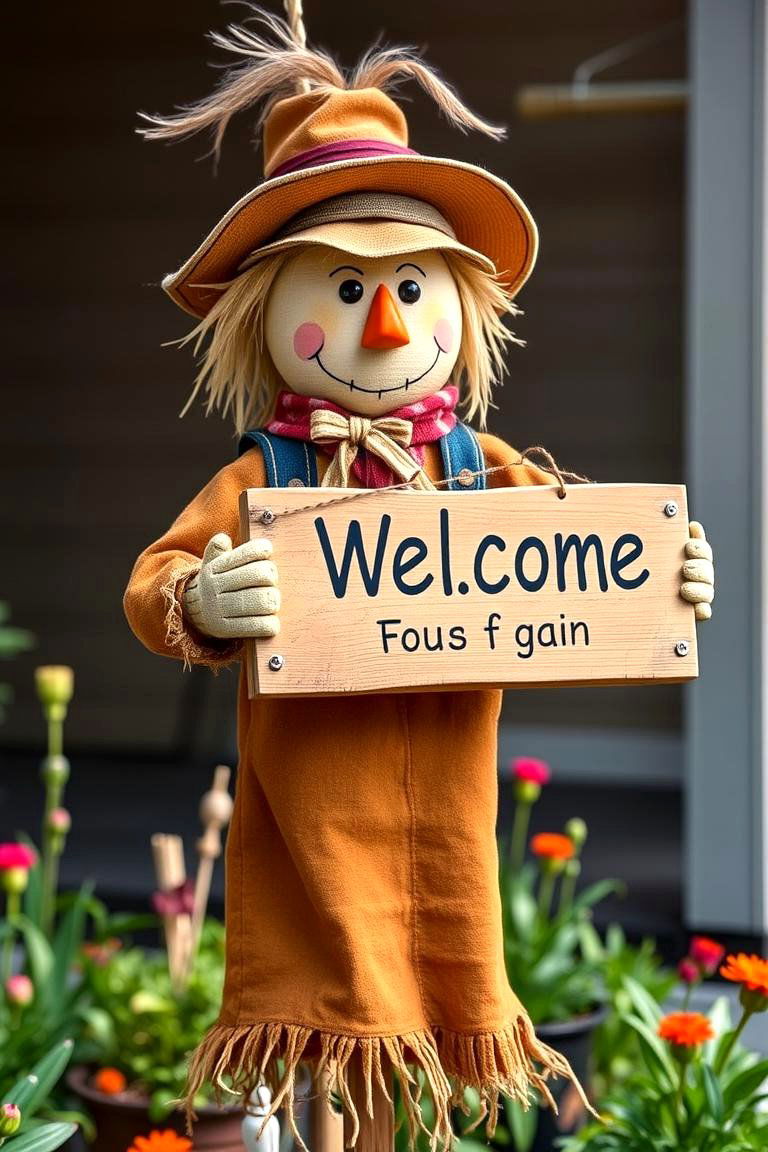 Scarecrow with Homemade Sign - 25 Garden Scarecrow Ideas