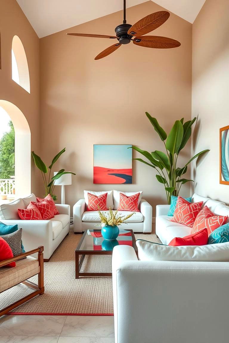 Select a Neutral Color Palette with Pops of Color - 25 Tropical Living Room Ideas
