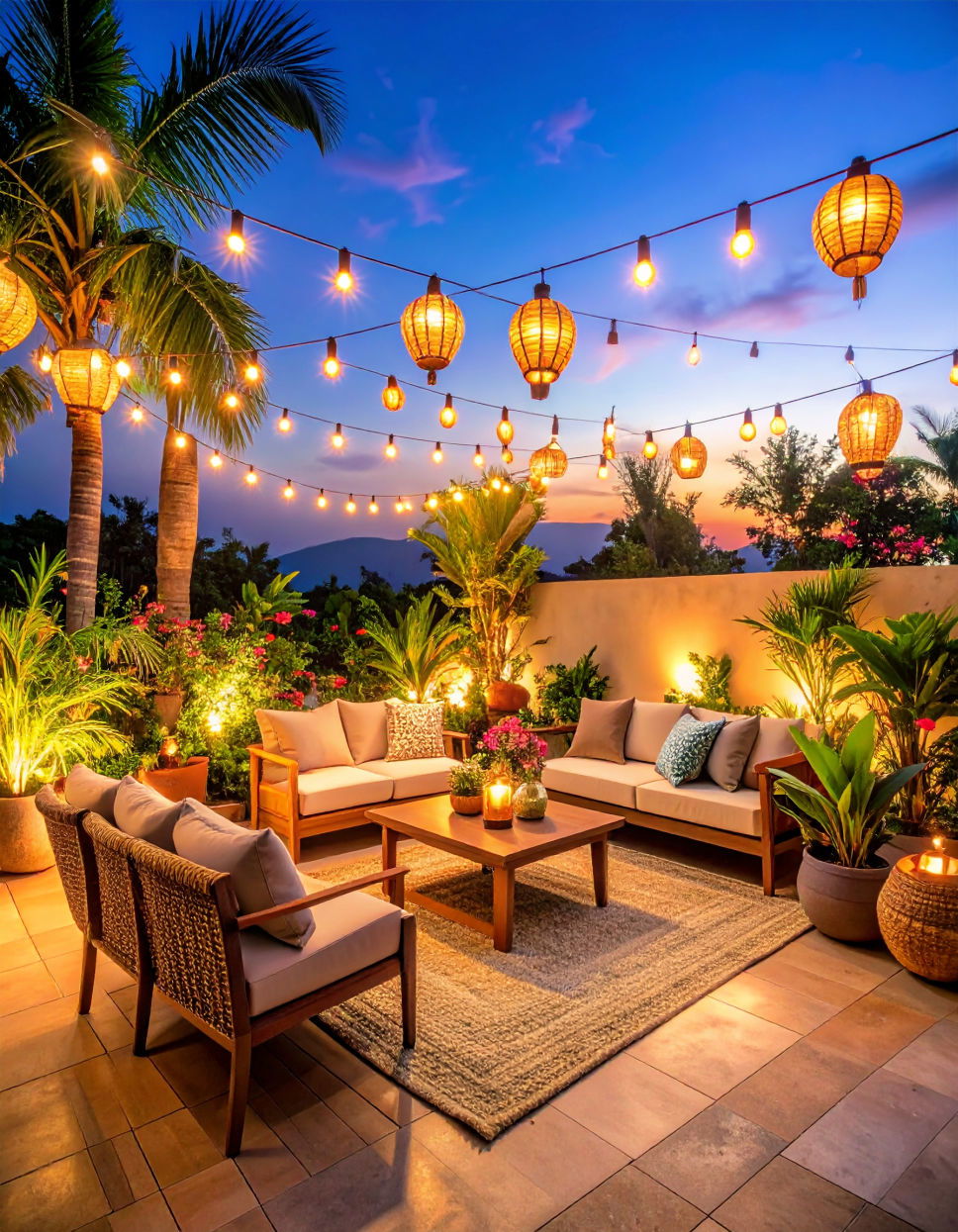 Set the Mood with String Lights or Lanterns Tropical Patio Ideas
