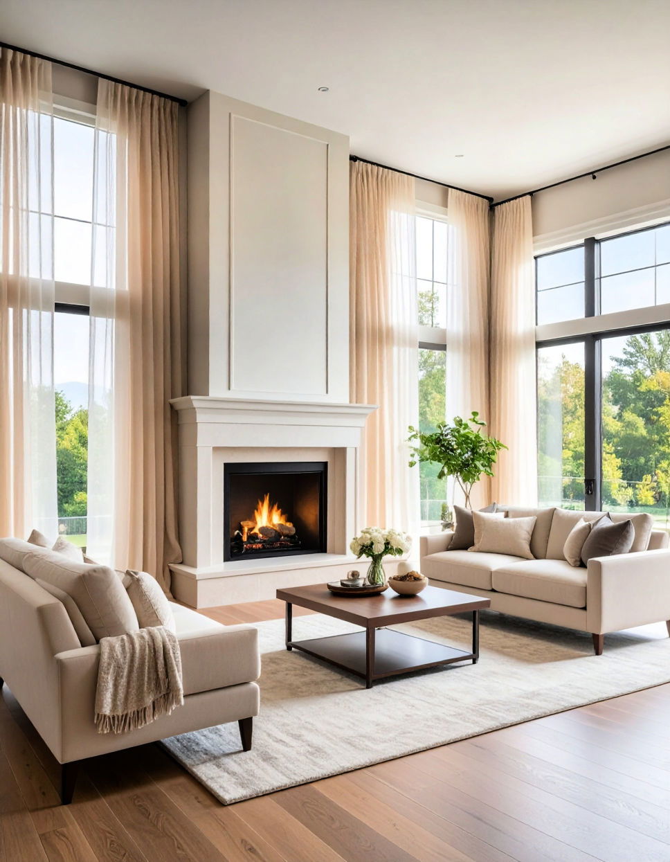 Sheer Curtain Panels for Softening the Scale Two story Fireplace Ideas