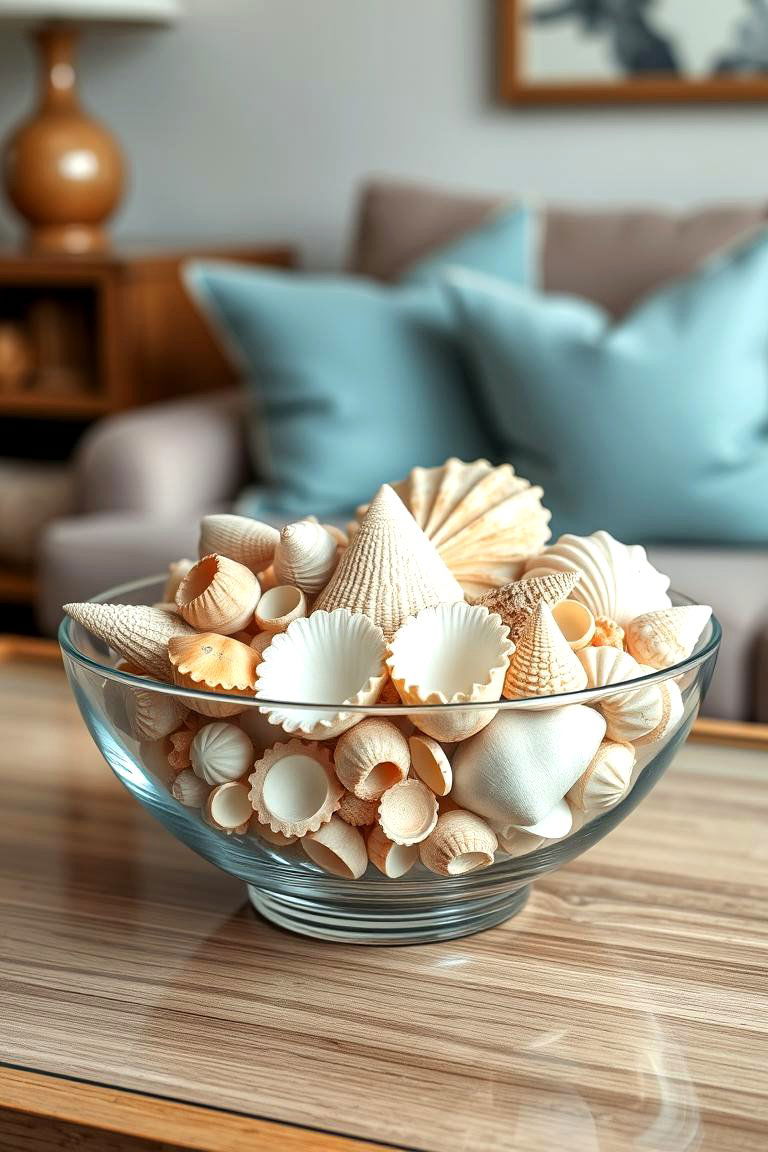 Shell Collection in a Glass Bowl - 25 Coffee Table Centerpiece Ideas