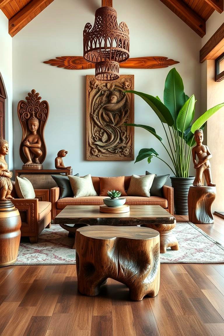 Showcase Carved Wooden Elements - 25 Tropical Living Room Ideas