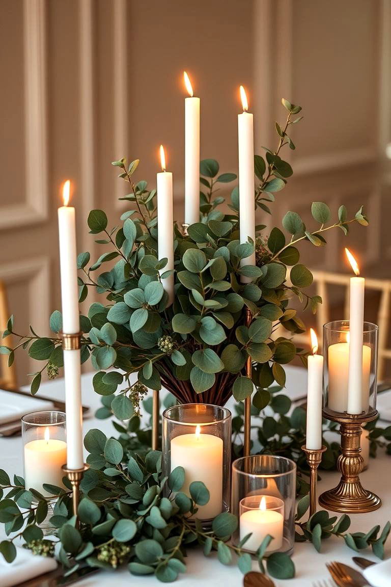 Simple Eucalyptus and Candle Centerpiece - 25 Eucalyptus Wedding Centerpieces