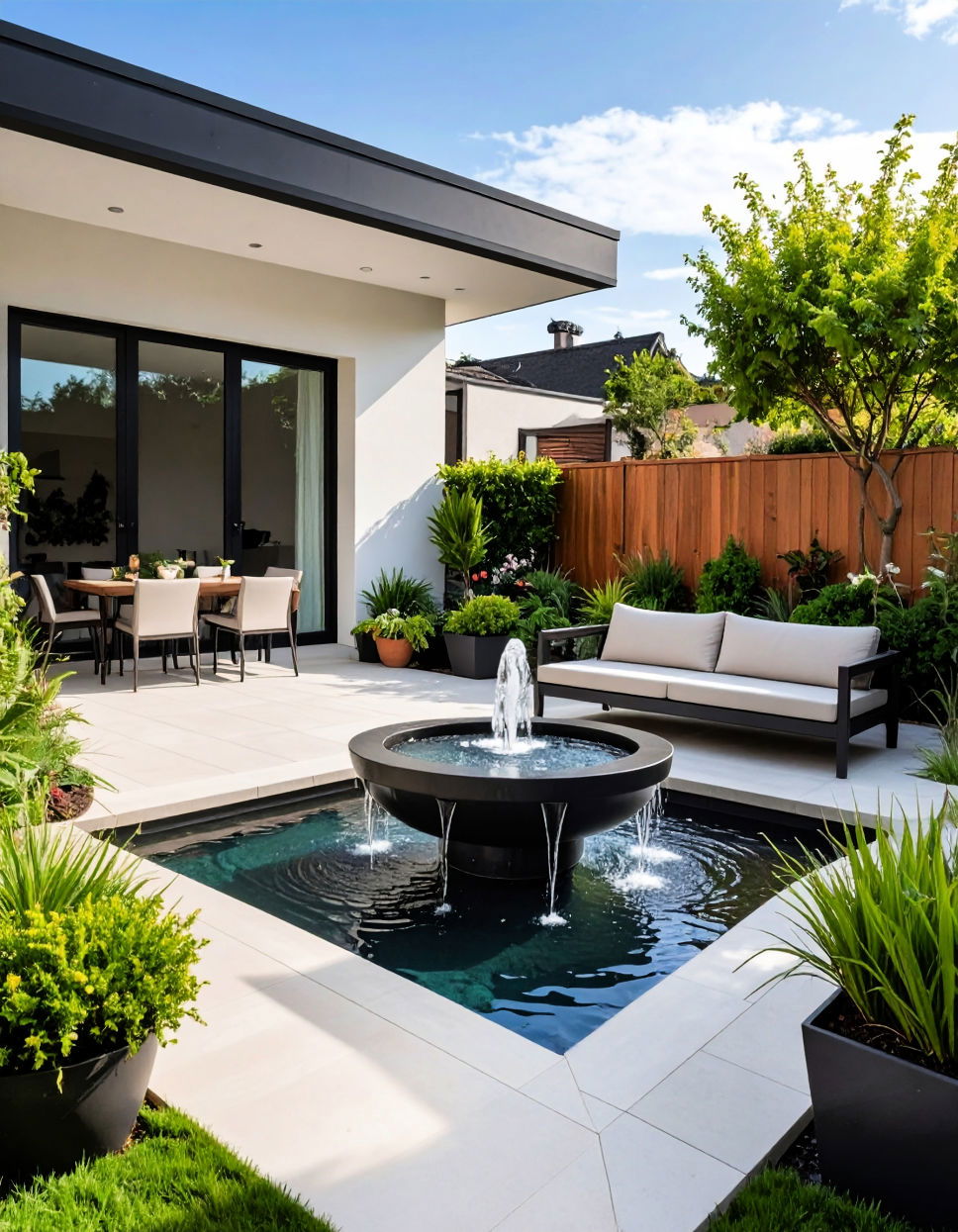 Sleek Water Feature for Relaxation Townhouse Patio Ideas