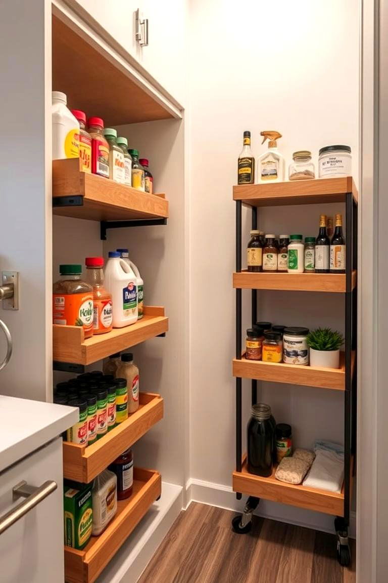 Slim Rolling Shelves for Tight Gaps - 25 Tiny House Storage Ideas