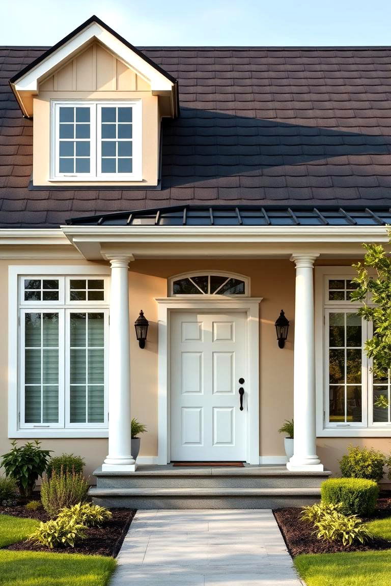 Soft Elegance with Light Beige or Tan Walls - 25 Exterior Home with a Black Roof Ideas