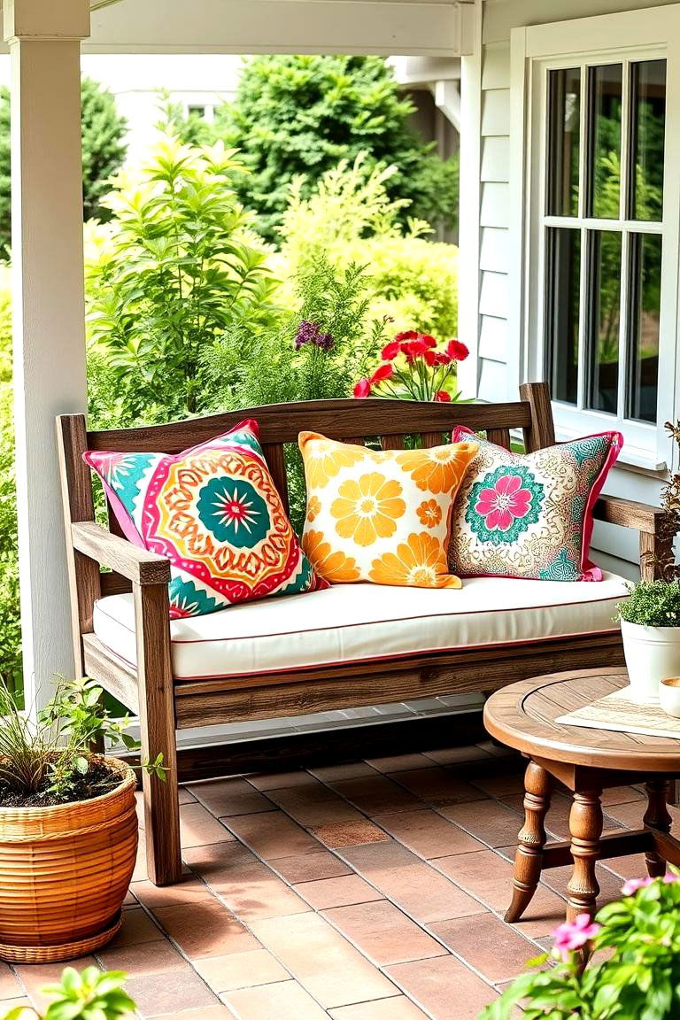 Soft Garden Bench with Pillows - 25 Farmhouse Patio Ideas