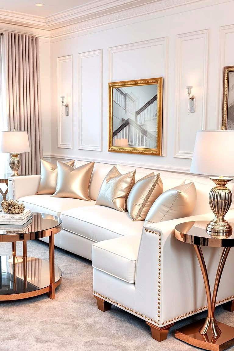 Soft Glam with Metallic Touches - 25 White Couch Living Room Ideas