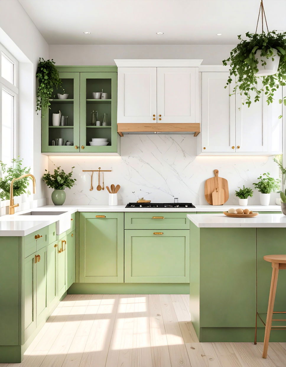 Soft Green and White Two Tone Kitchen Cabinet Ideas