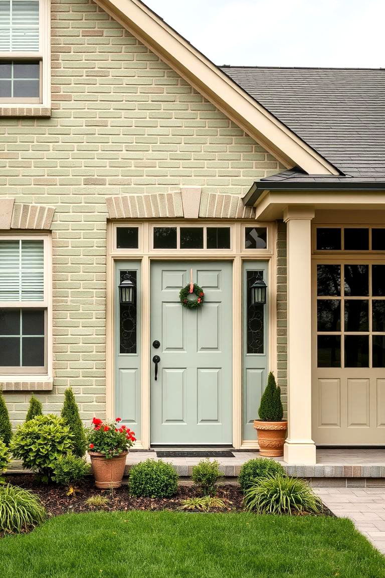Soft Green with Beige Trim for a Subtle Contrast - 25 Green Brick Exterior Home Ideas