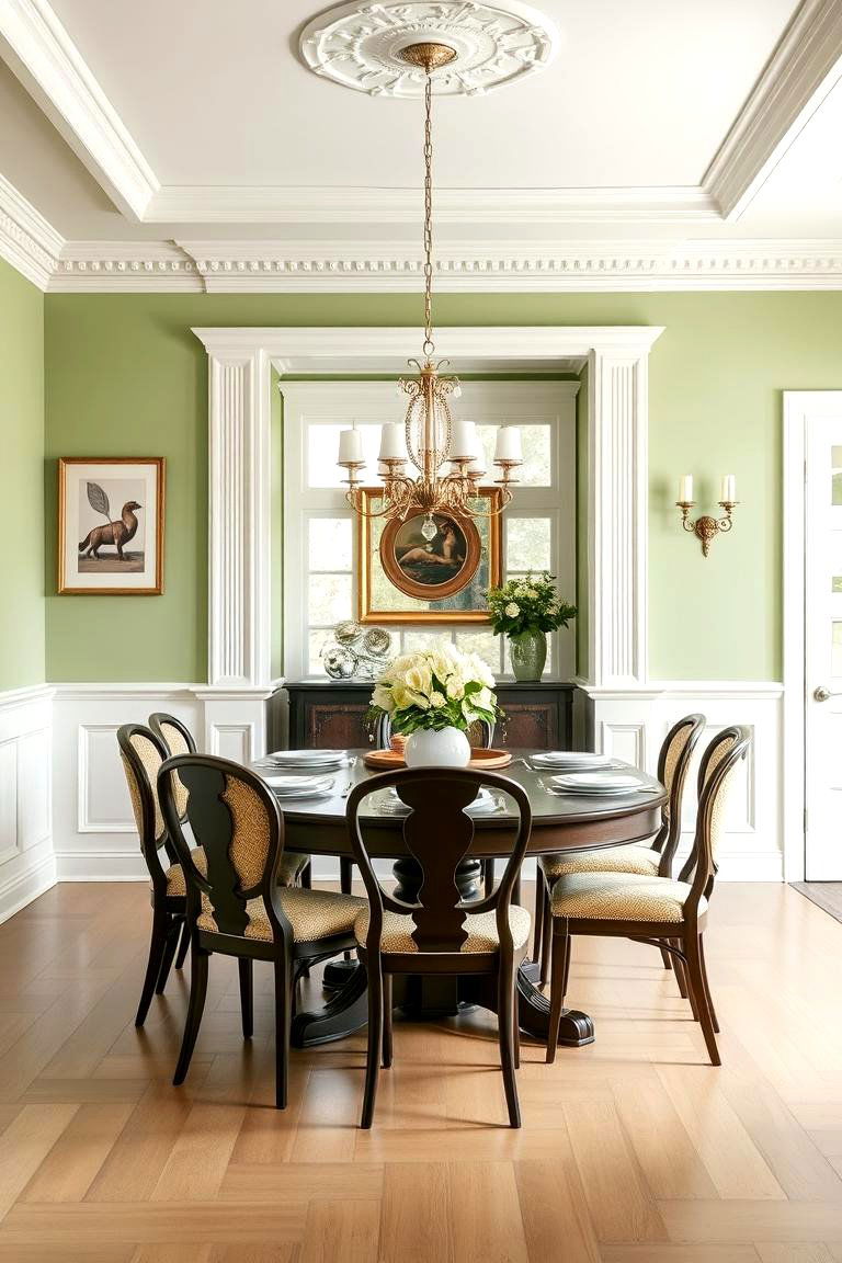 Soft Green with White Wainscoting for a Classic Look - 25 Green Dining Room Ideas