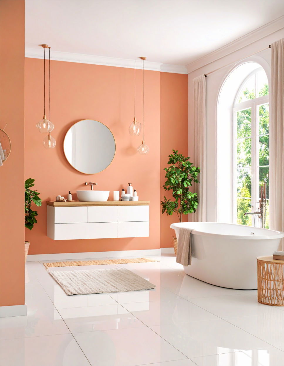 Soft Peach Walls with White Ceramic Floor