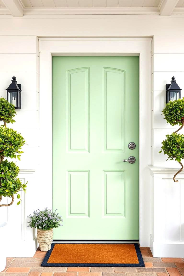 Soft Pistachio Green with White Wainscoting for a Coastal Look - 25 Green Front Door Ideas