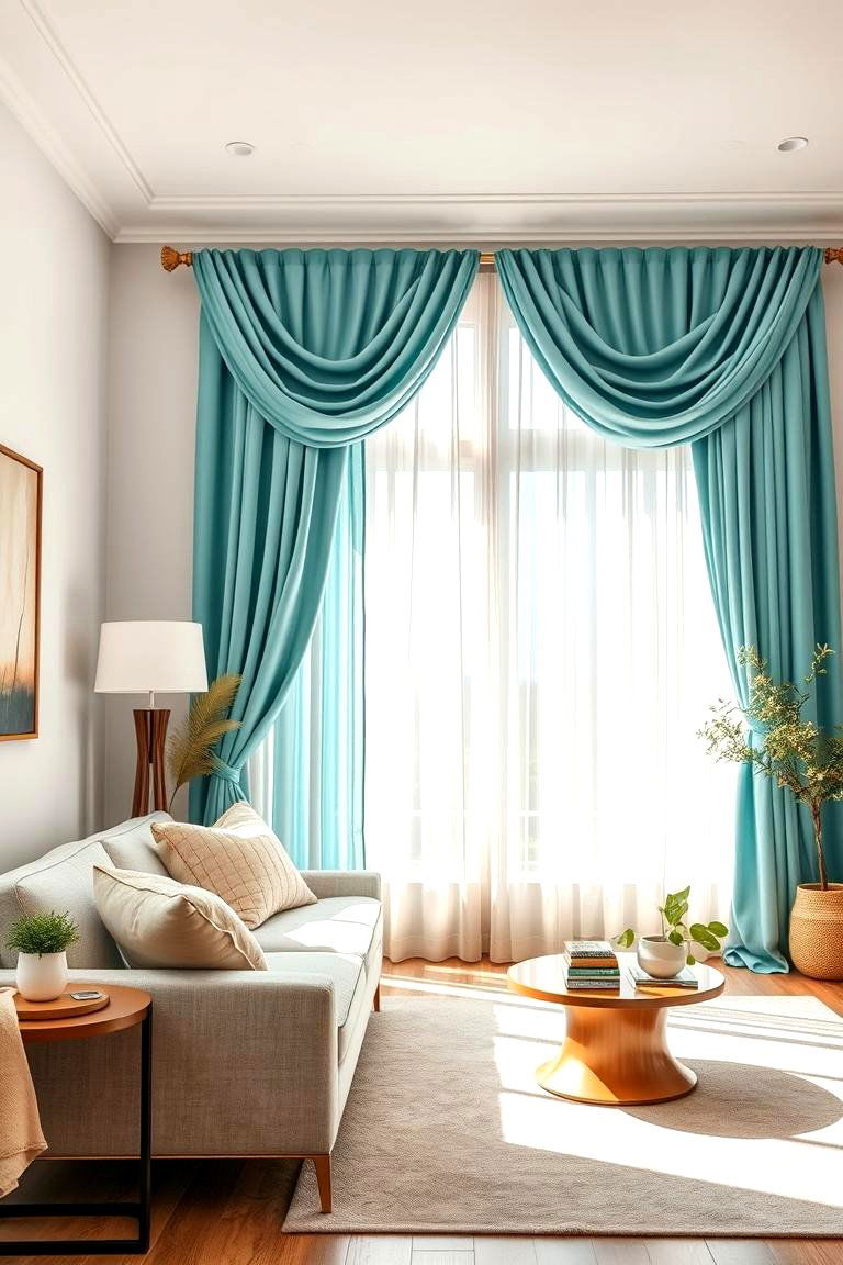 Soft Turquoise Drapes for Elegance - 25 Turquoise Living Room Ideas