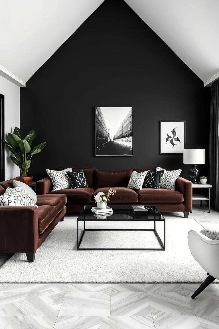 Sophisticated Black and White Contrast - 25 Dark Brown Couch Living Room Ideas