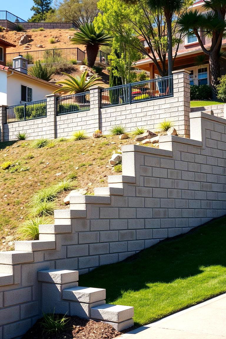 Split Level Cinder Block Fence for Sloped Land - 25 Cinder Block Fence Ideas