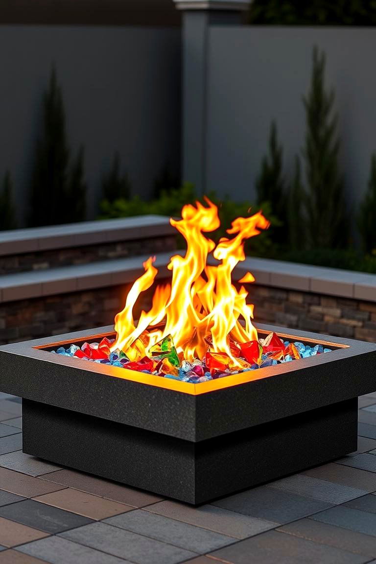 Square Fire Pit with Fire Glass - 25 Square Fire Pit Ideas