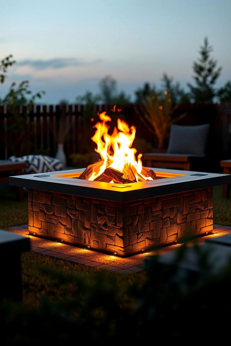Square Fire Pit with Solar Lighting - 25 Square Fire Pit Ideas