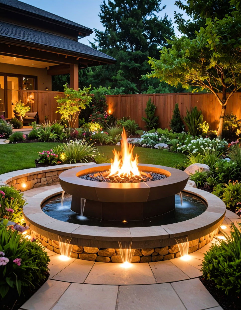 Square Fire Pit with Water Feature