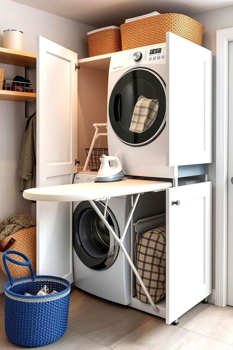 Stackable Laundry with Pull Out Ironing Board - 25 Stackable Laundry Room Ideas