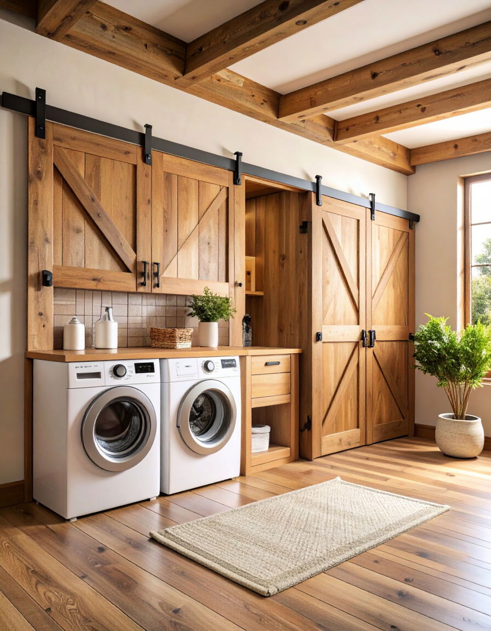 Stackable Laundry with Sliding Barn Doors