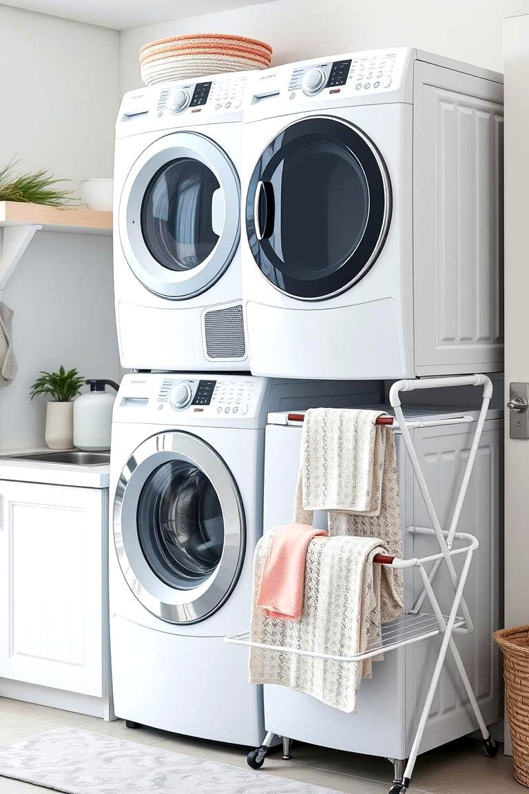 Stackable Laundry with a Drying Rack - 25 Stackable Laundry Room Ideas