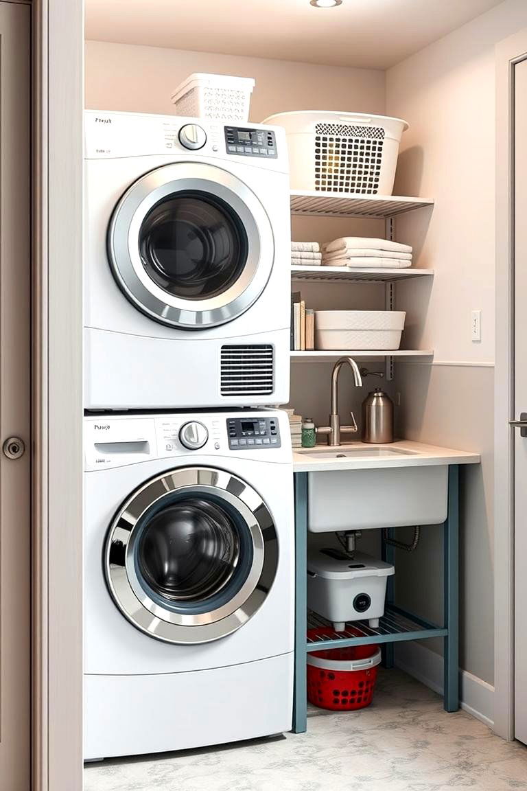 Stackable Laundry with a Laundry Sink - 25 Stackable Laundry Room Ideas