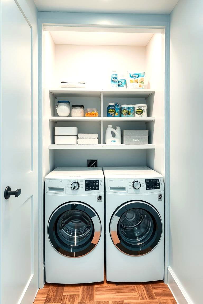 Stackable WasherDryer with Built In Shelving - 25 Stackable Laundry Room Ideas