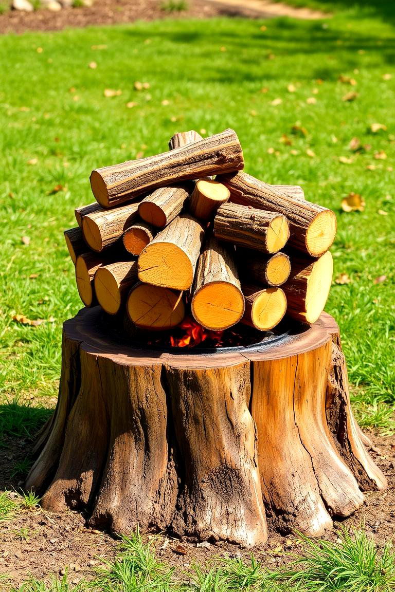 Stacked Log Fire Pit on Stump Base - 25 Tree Stump Fire Pit Ideas