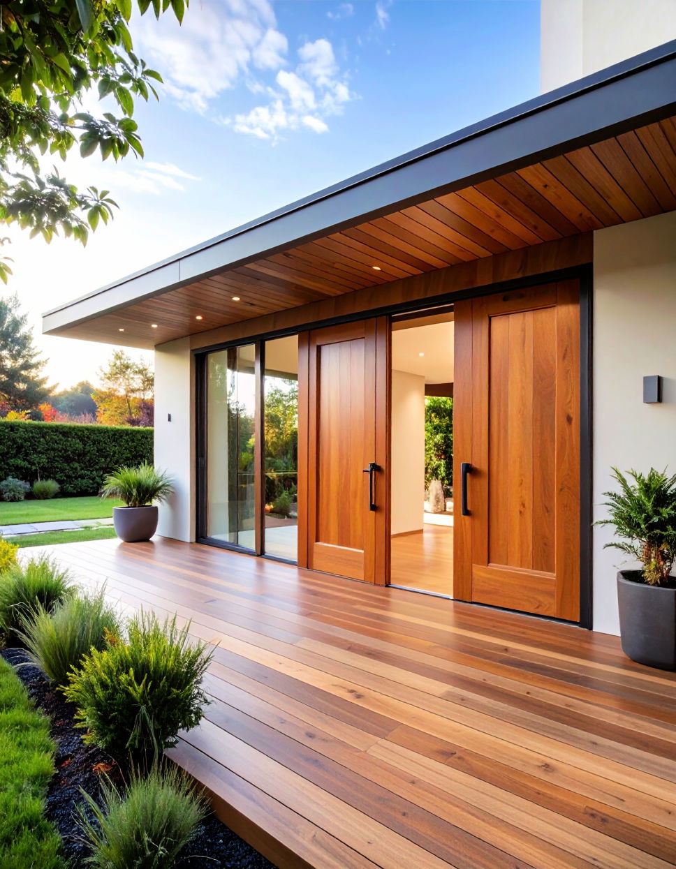 Stained Bi Fold Doors for a Wide Inviting Entrance