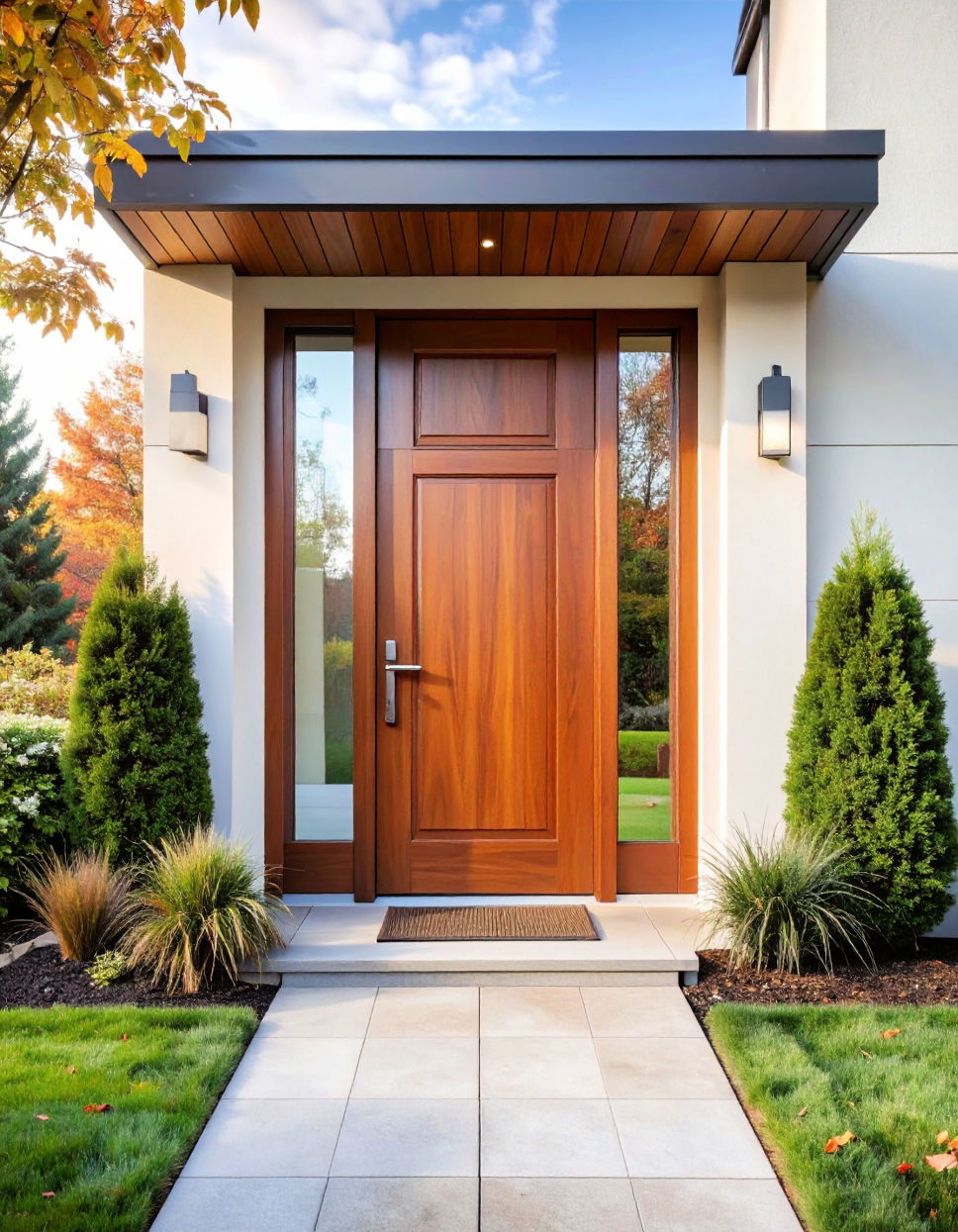 Stained Doors with Glass Privacy Panels for a Modern Twist