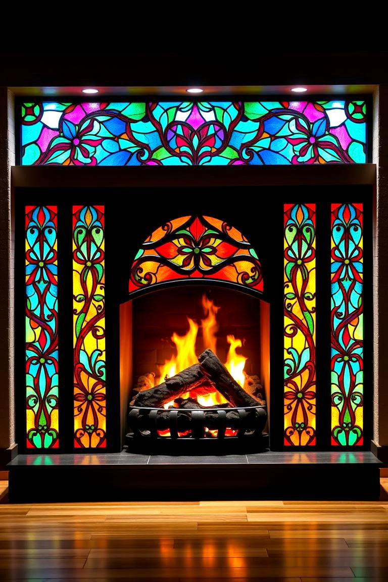 Stained Glass Panels with Backlighting - 25 Fireplace Lighting Ideas